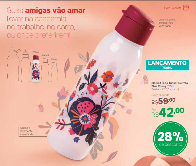 Eco Tupper Garrafa Plus Cherry 750ml